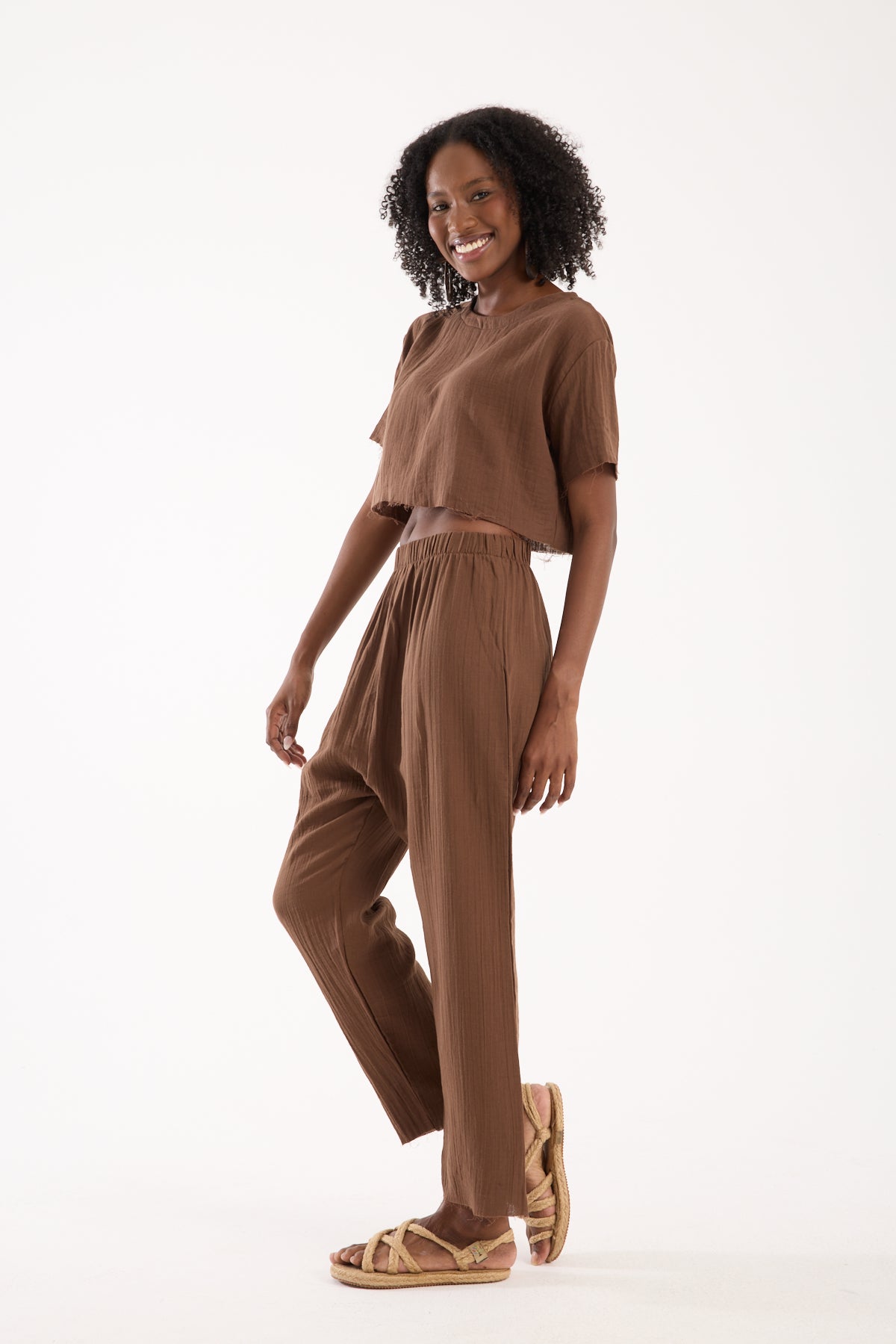 Cotton Muslin Relaxed Trousers - Brown