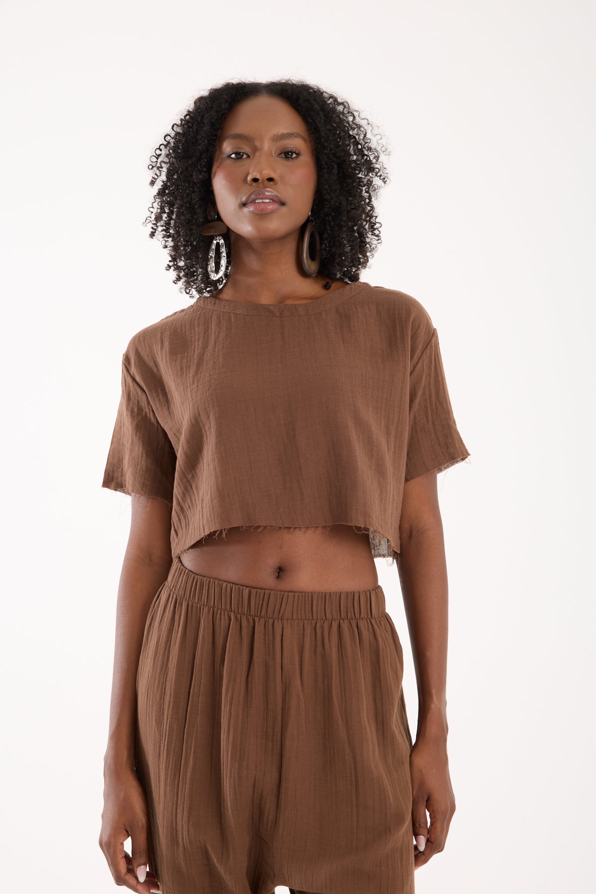 Cotton Muslin Short-Sleeve Crop Top - Brown