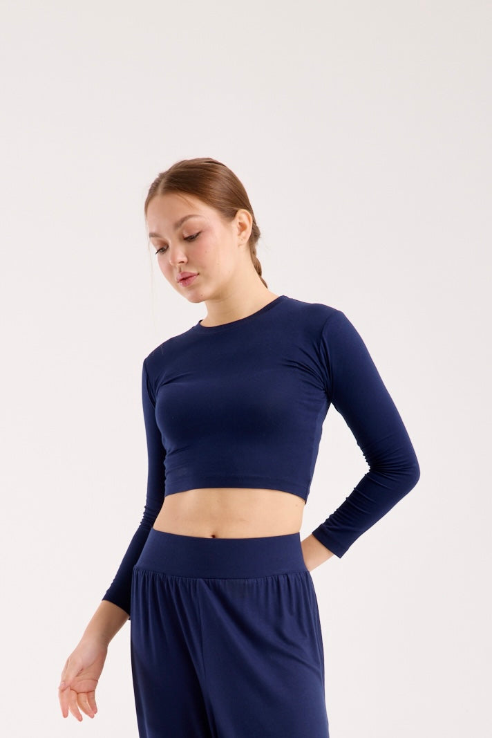 Long-Sleeve Fitted Crop Top - Navy Blue