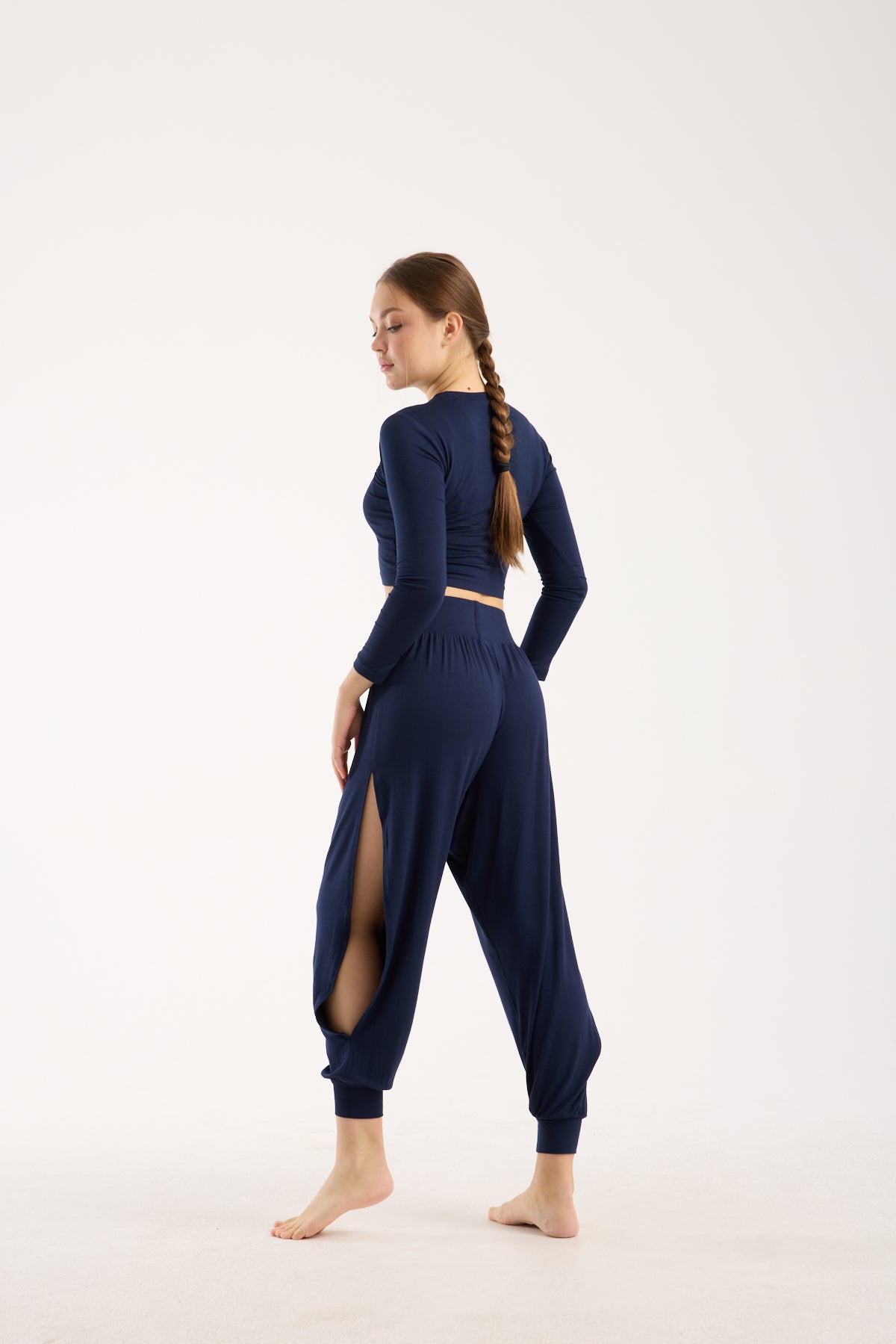 Side-Slit Harem Pants - Navy Blue